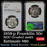NGC 1958-p Franklin Half Dollar 50c Graded ms65 By NGC
