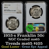 NGC 1953-s Franklin Half Dollar 50c Graded ms65 By NGC