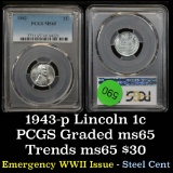 PCGS 1943-p Lincoln Cent 1c Graded ms65 By PCGS