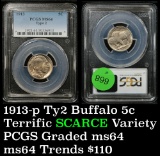Scarce variety PCGS 1913-p ty2 Buffalo Nickel 5c Rotated die Graded ms64 by PCGS Well struck