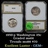 1950-p Washington Quarter 25c Graded Gem+ Unc By PCI