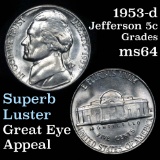 1953-d Jefferson Nickel 5c Grades Choice Unc