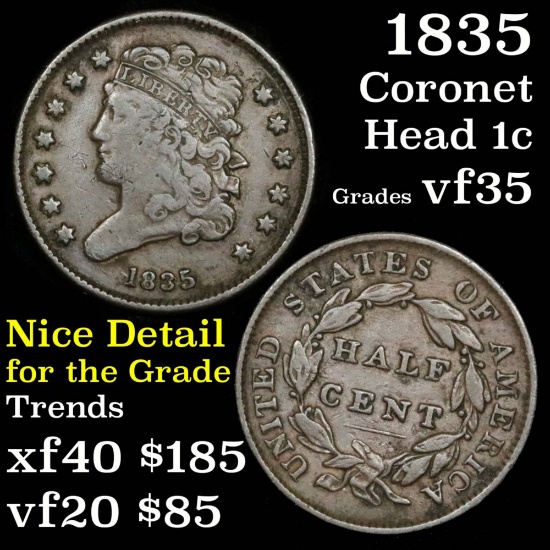 1835 Coronet Head Large Cent 1c Grades vf++