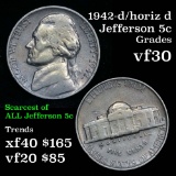 1942-d/horiz d Jefferson Nickel 5c Grades vf++