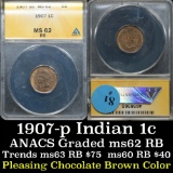 ANACS 1907 Indian Cent 1c Graded ms62 rb by ANACS
