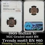 NGC 1905 Indian Cent 1c Graded ms63 bn by NGC