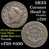 1833 Coronet Head Large Cent 1c Grades vf, very fine