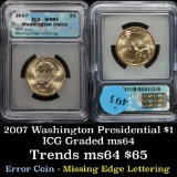 Error Coin 2007-p Washington Presidential $1 Missing Edge Lettering Graded ms64 by ICG