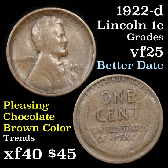 1922-d Weak d Lincoln Cent 1c Grades vf+