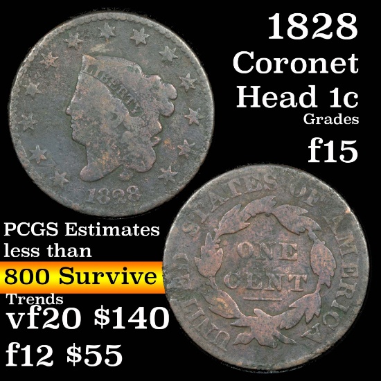 1828 Coronet Head Large Cent 1c Grades f+
