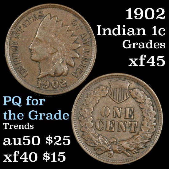 1902 Indian Cent 1c Grades xf+