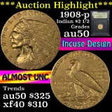 ***Auction Highlight*** 1908-p Gold Indian Quarter Eagle $2 1/2 Graded AU, Almost Unc by USCG (fc)