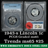 PCGS 1943-s Lincoln Cent 1c Graded ms65 by pcgs