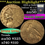 ***Auction Highlight*** 1913-p Gold Indian Quarter Eagle $2 1/2 Graded AU, Almost Unc by USCG (fc)