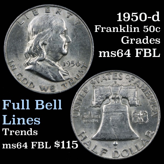 1950-d Franklin Half Dollar 50c Grades Choice Unc FBL