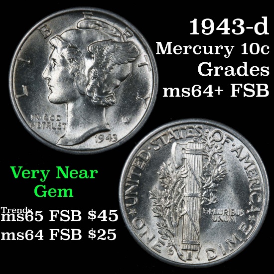 1943-d Mercury Dime 10c Grades Choice Unc+ FSB