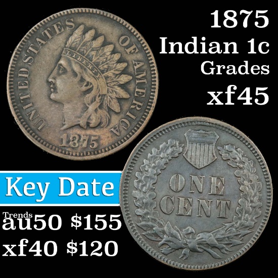 1875 Indian Cent 1c Grades xf+