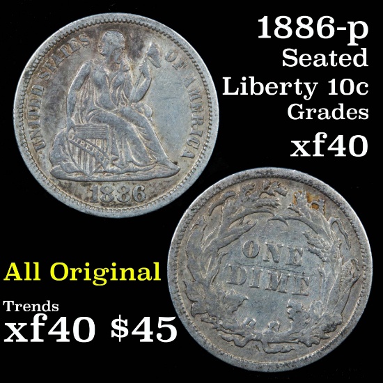 1886-p Seated Liberty Dime 10c Grades xf