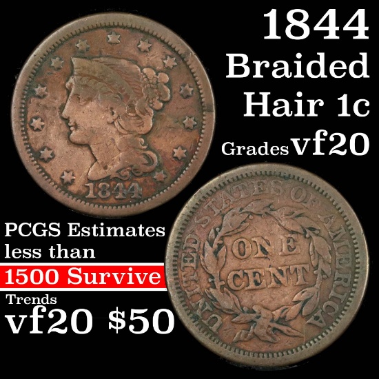 1844 Braided Hair Large Cent 1c Grades vf, very fine