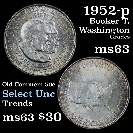 1952-p Wash/Car Old Commem Half Dollar 50c Grades Select Unc