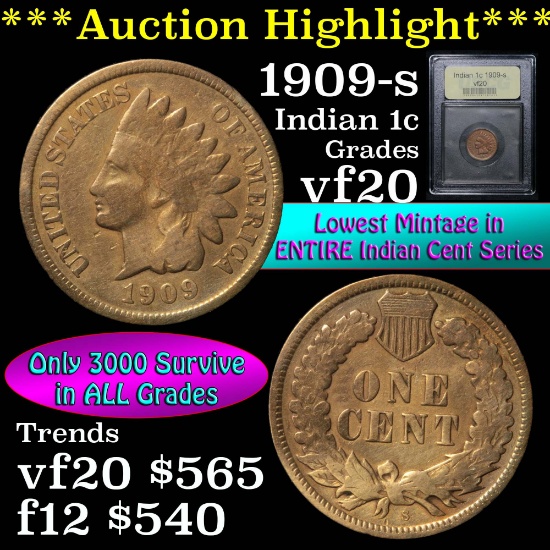 ***Auction Highlight*** 1909-s Indian Cent 1c Graded vf, very fine by USCG (fc)