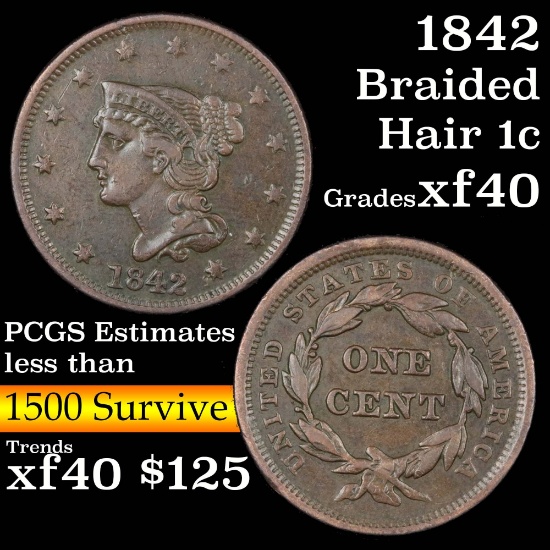 1842 Braided Hair Large Cent 1c Grades xf