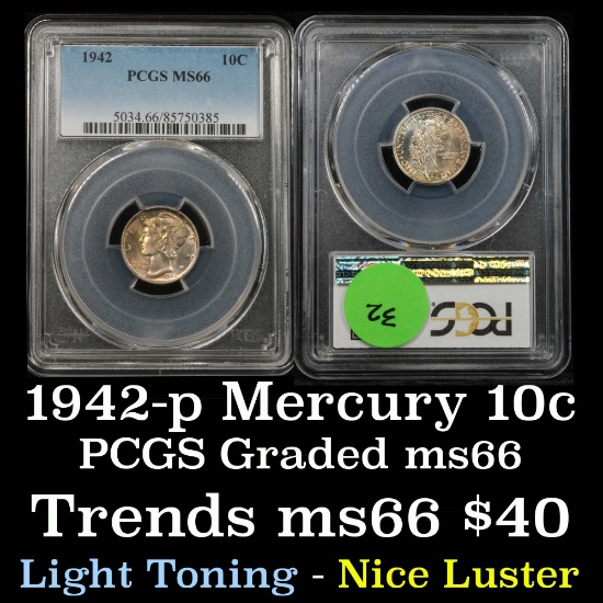 PCGS 1942-p Mercury Dime 10c Graded ms66 By PCGS