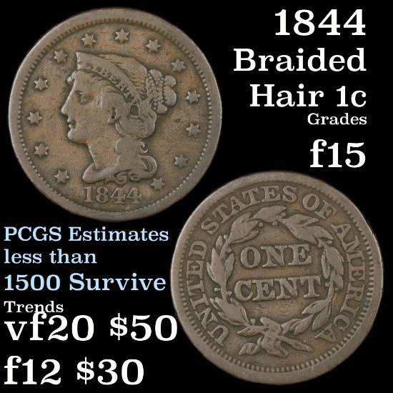 1844 Braided Hair Large Cent 1c Grades f+