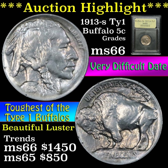 ***Auction Highlight*** 1913-s Ty1 Buffalo Nickel 5c Graded GEM+ Unc by USCG (fc)