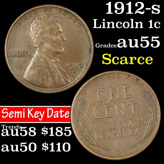 1912-s Lincoln Cent 1c Grades Choice AU