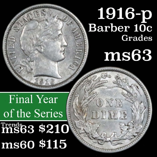 1916-p Barber Dime 10c Grades Select Unc (fc)