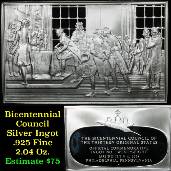 Bicentennial Council 13 orig States Ingot #28, Adoption Declaration Independence, 1.84 oz sterling