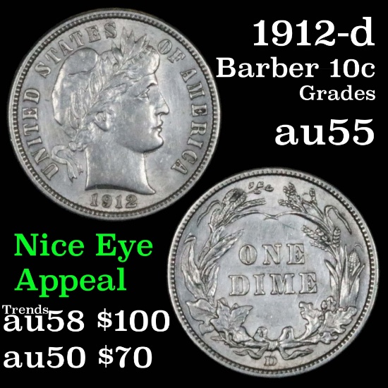 1912-d Barber Dime 10c Grades Choice AU