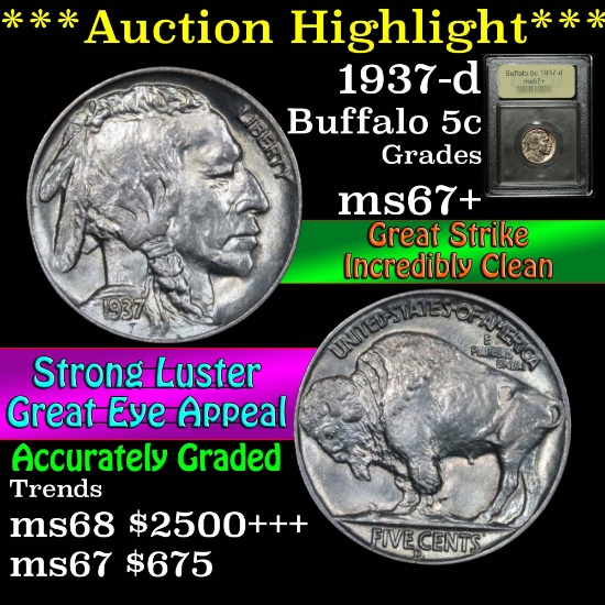 ***Auction Highlight*** 1937-d Buffalo Nickel 5c Graded Gem++ Unc by USCG (fc)