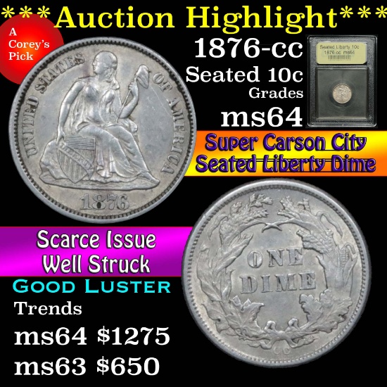 ***Auction Highlight*** 1876-cc Seated Liberty Dime 10c Graded Choice Unc by USCG (fc)