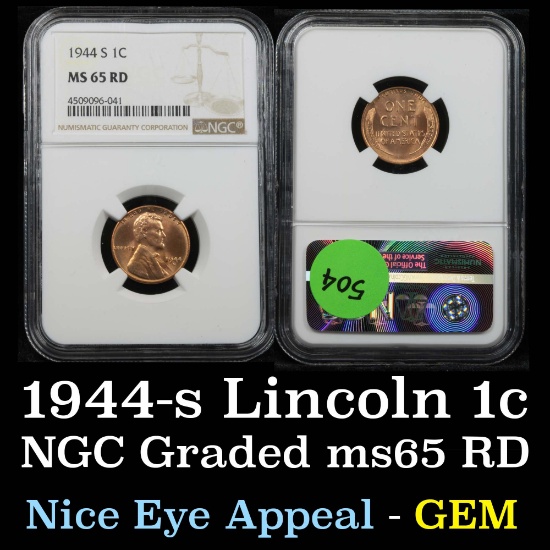 NGC 1944-s Lincoln Cent 1c Graded ms65 RD By NGC