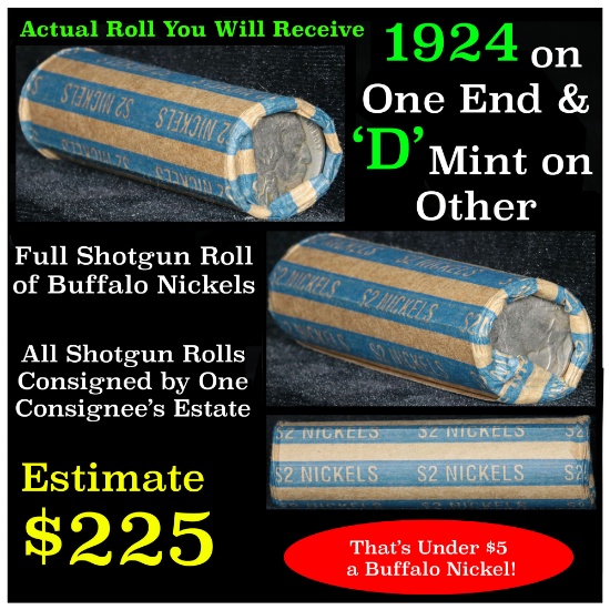 Full roll of Buffalo Nickels, 1924 one end & a 'd' Mint reverse on the other end Buffalo Nickel 5c