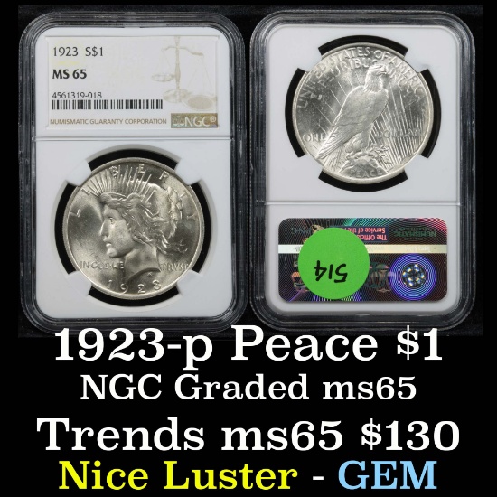 NGC 1923-p Peace Dollar $1 Graded ms65 By NGC