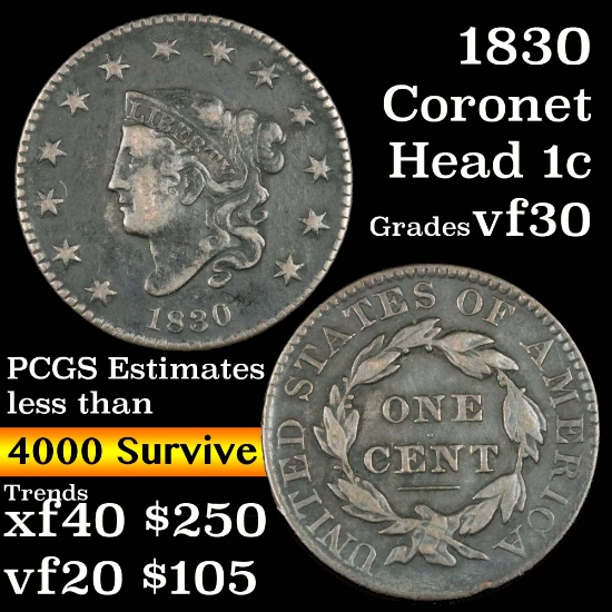 1830 Coronet Head Large Cent 1c Grades vf++