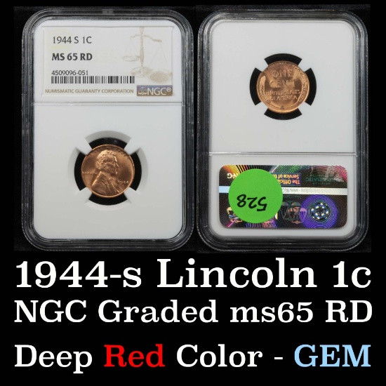 NGC 1944-s Lincoln Cent 1c Graded ms65 RD By NGC