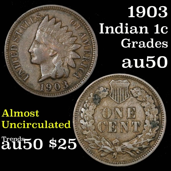 1903 Indian Cent 1c Grades AU, Almost Unc