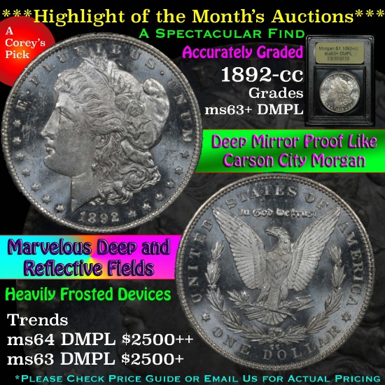 **Auction Highlight** Key Date 1892-cc Morgan Dollar $1 Graded Select Unc+ DMPL by USCG Scarce (fc)