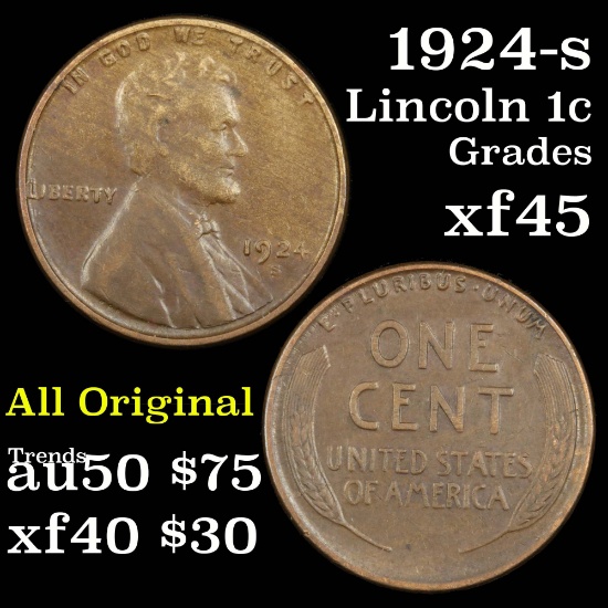 1924-s Lincoln Cent 1c Grades xf+