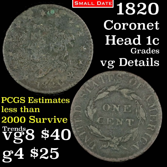 1820 Small date Coronet Head Large Cent 1c Grades vg details