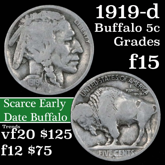 1919-d Buffalo Nickel 5c Grades f+