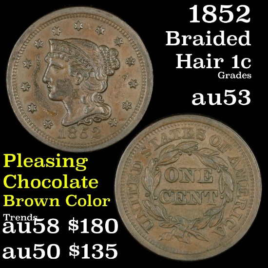 1852 Braided Hair Large Cent 1c Grades Select AU