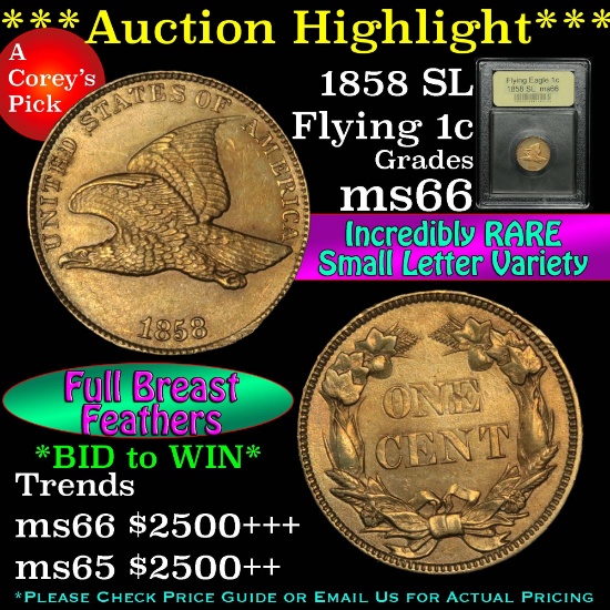 ***Auction Highlight*** 1858 SL Flying Eagle Cent 1c Graded GEM+ Unc by USCG (fc)