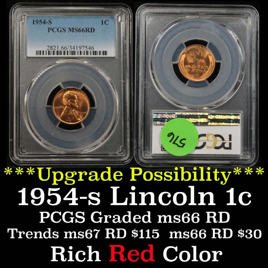 PCGS 1954-s Lincoln Cent 1c Graded ms66 RD By PCGS
