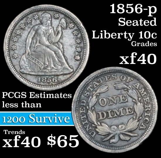 1856-p Seated Liberty Dime 10c Grades xf