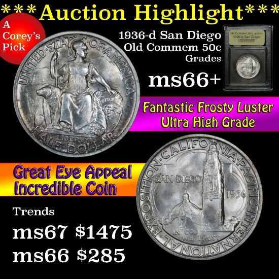 ***Auction Highlight*** 1936-d San Diego Old Commem Half Dollar 50c Graded GEM++ Unc by USCG (fc)